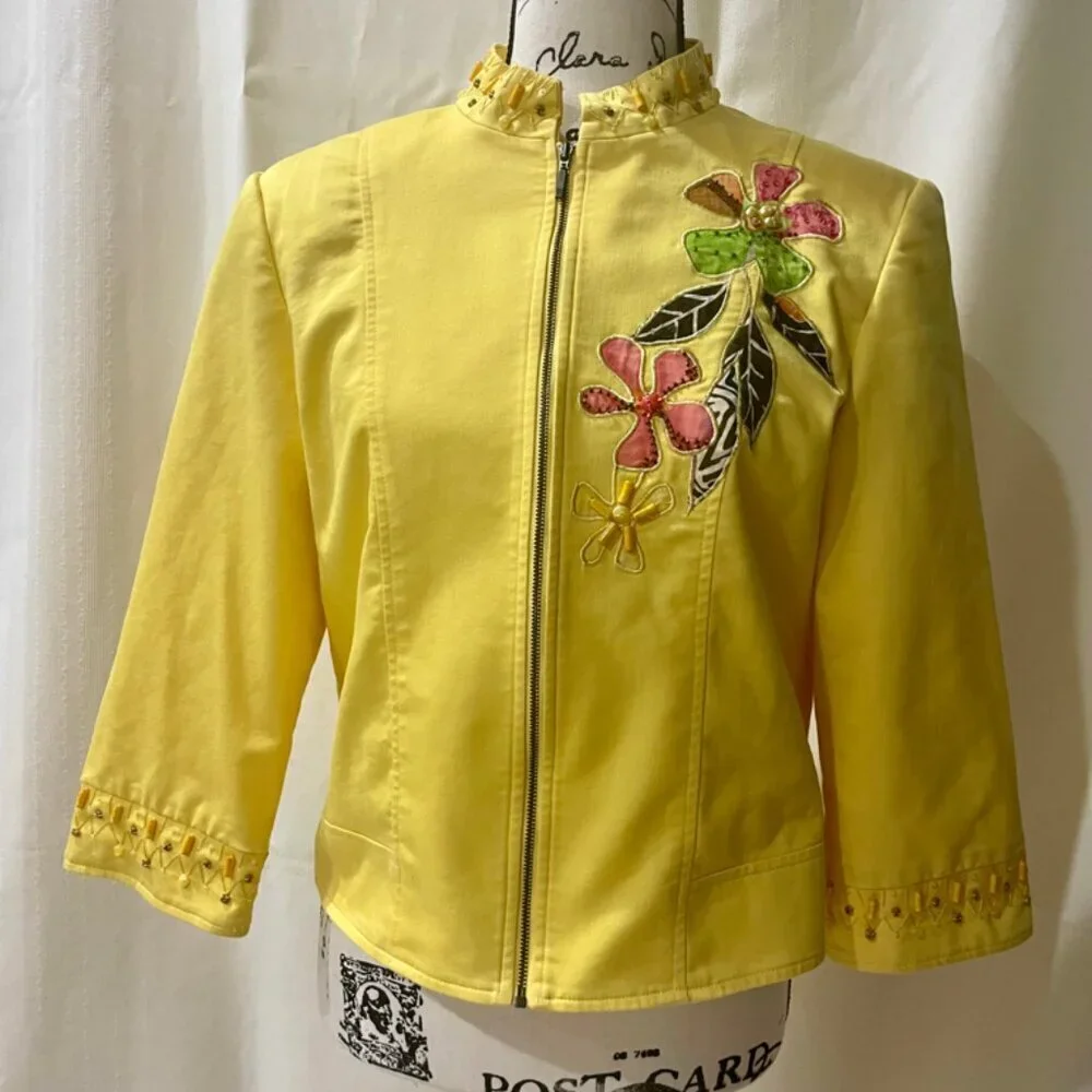 VINTAGE PATCHNGTON YELLOW EMBROIDERED ZIPPED BLAZER JACKET SIZE SMALL - Picture 6 of 11